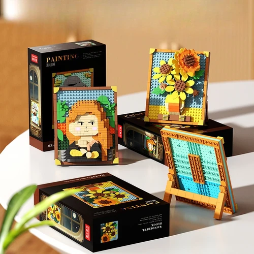Imagen 2 del producto Bloques de construcción de ensamblaje de pintura de fama mundial, marco de pintura al óleo de píxeles creativo, decoración de bloques de construcción de girasol, superventas