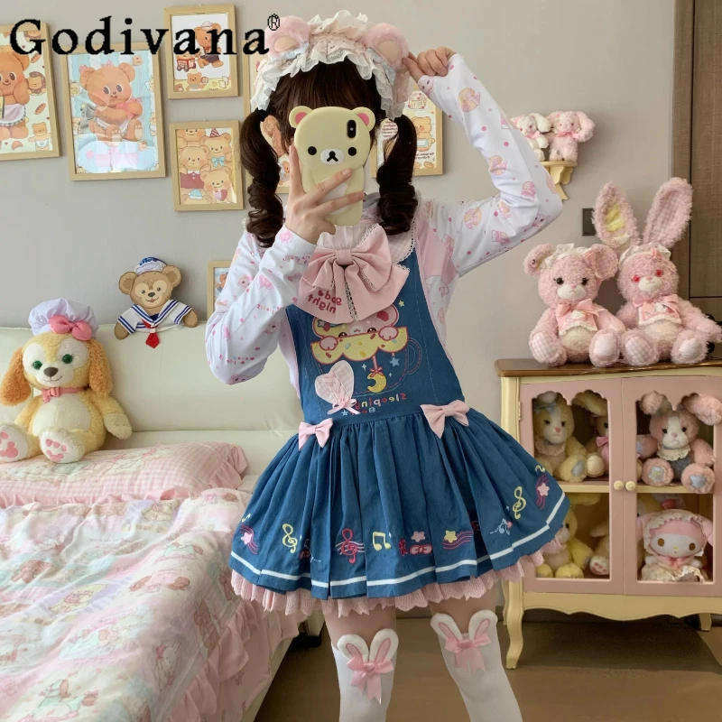 

Original Kawaii Girls Dress Set Y2k Cartoon Embroidery Blue Denim Dress Long Sleeve Top Outfit Daughter Clothes Spring Summer