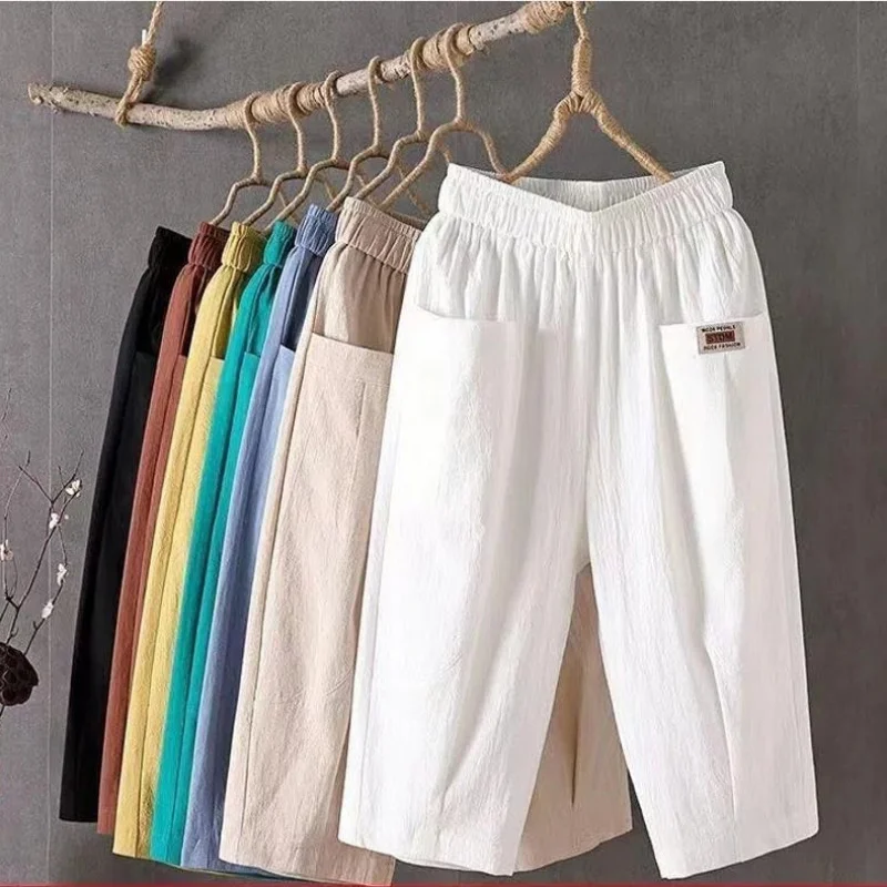 

Cotton Linen Seven-Quarter Pants Women, Summer Loose Plus Size Linen Elastic Waist Slim Harem Pants, Versatile Casual Pants