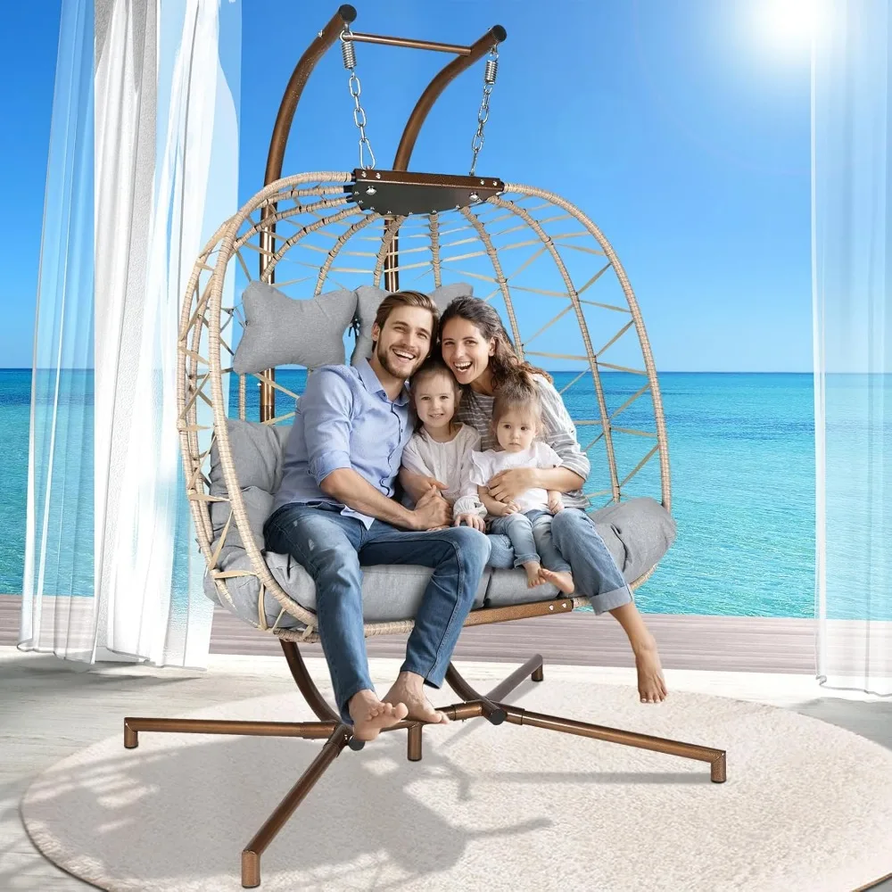 Double Egg Chair with Stand Wicker Swing Chair for 2 Person, Rattan Wicker Hanging Egg Chair Hammock with Cushion