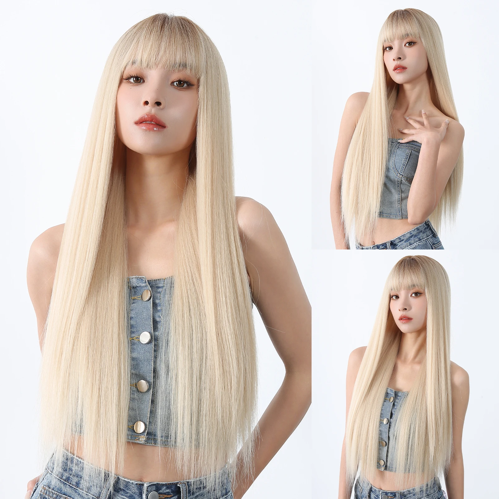 

Long Platinum Blonde Straight Synthetic Wigs with Bangs Natural Looking Hair for White Women Cosplay Daily Heat Resistant Fiber