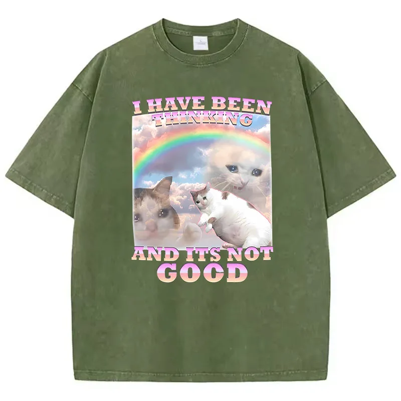 Funny Rainbow Cat Retro T Shirt Vintage Washed 100% Cotton T-Shirt Graphic Tee Casual Streetwear Spring Summer Fall Tee