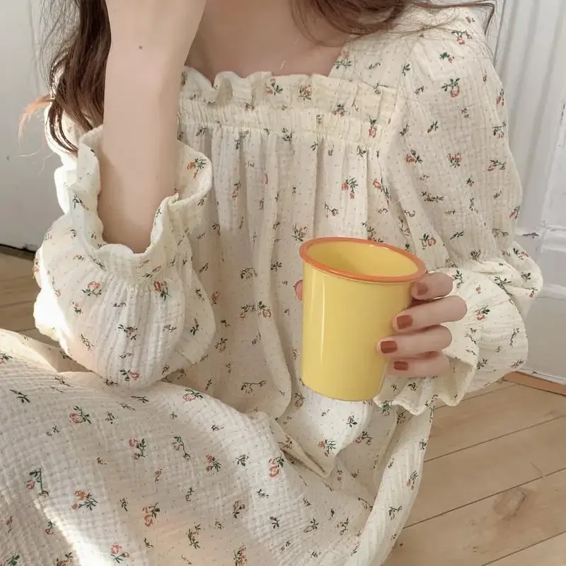 Floral Sleepwear Women Korean Nightgown Square Collar Nightwear Ruffles One Piece Pajamas Autumn Sleeping Fashion Night Dress