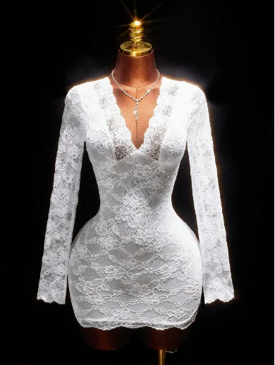

Women's Dress 2026 Spring Summer New Solid Color Lace Patchwork Deep V-Neck Sexy Backless Long Sleeve Slim Fit Mini Dress