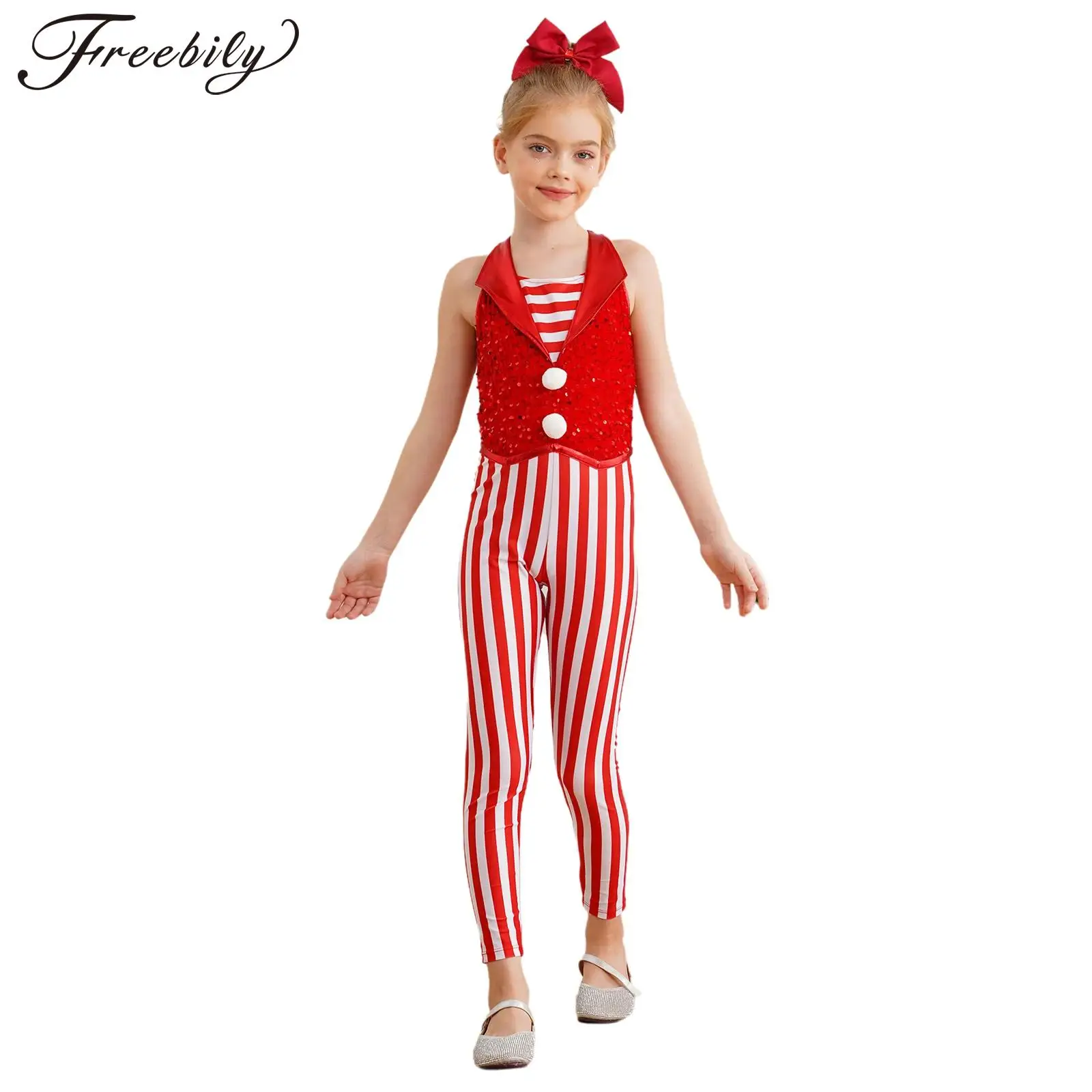 Girl Candy Cane Costume One Piece Christmas Costume New Year Carnival Party Stripes Sequins Bodysuit Dance Gymnastics Jumpsuit