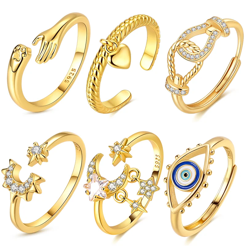 

Original 925 Sterling Silver Golden Eye Stars Moon Heart Open Rings For Women Girls Jewelry Birthday Anniversary Gifts