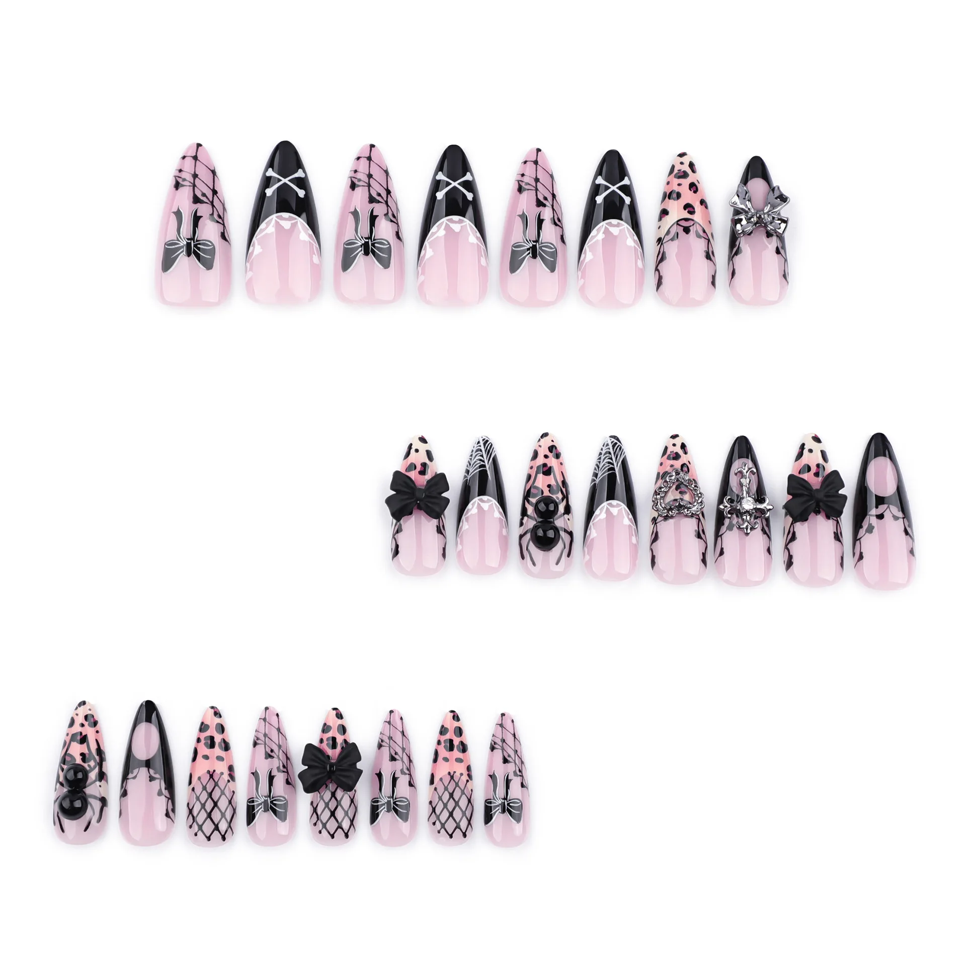 24pcs Gothic Spice Girls Press on Nails Y2k Black Spider Bow Design French False Nails European Leopard print Fake Nail Tips