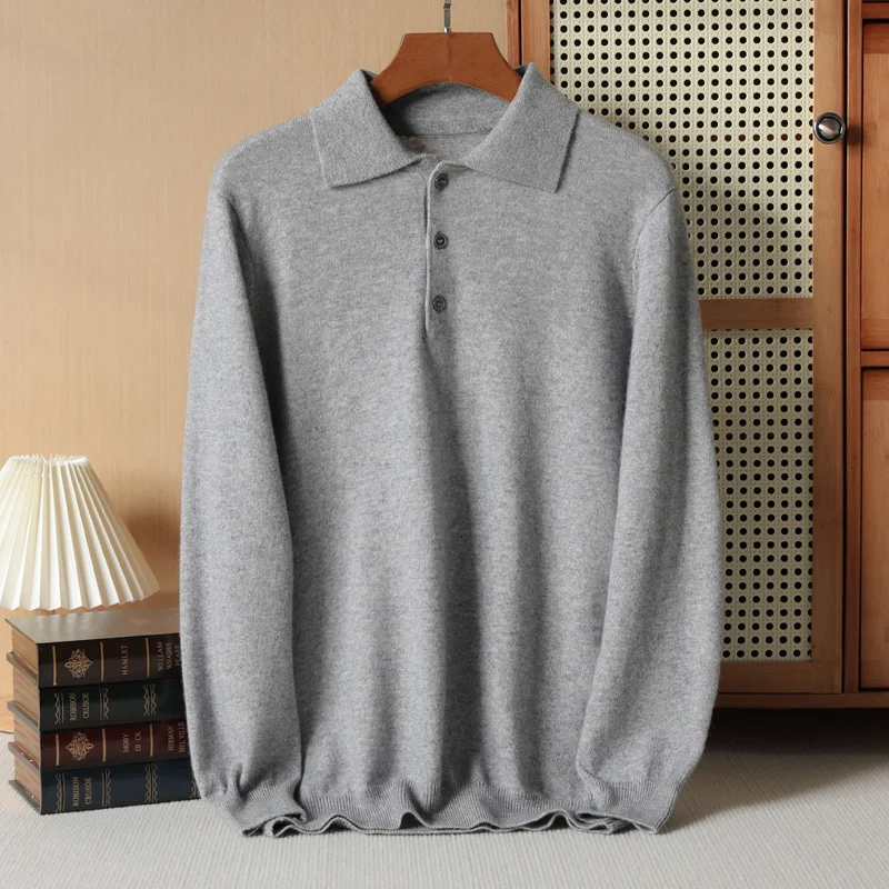 Men's 100% Cashmere Sweater POLO Sweater Knitted Winter New Soft Glutinous Top Long Sleeved High-End Warm Pullover Autumn C