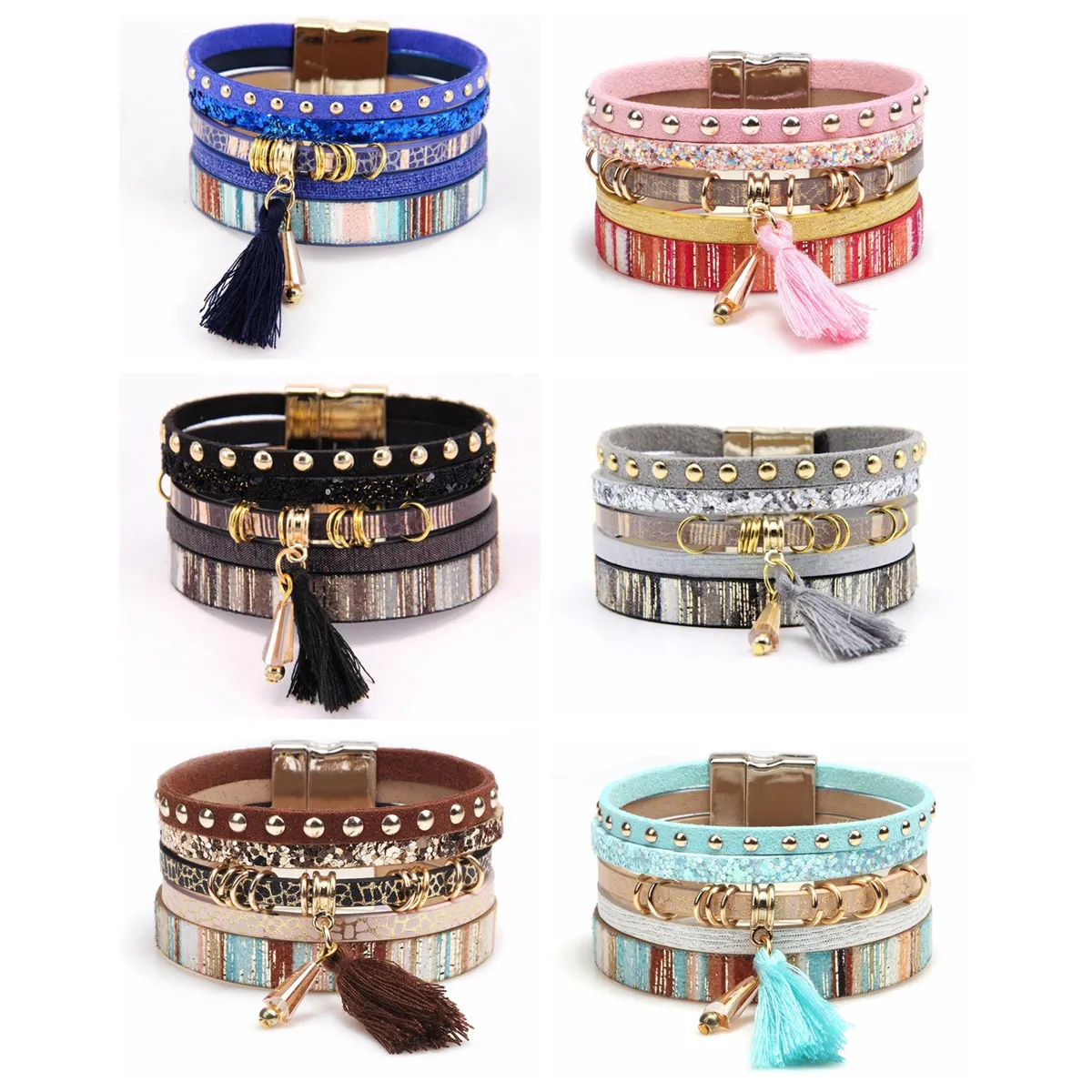 Bohemia Handmade Leather Wrap Bracelet Natural Druzy Stone Multi Rope Cuff Bangle Magnetic Clasp Fashion Jewelry For Women