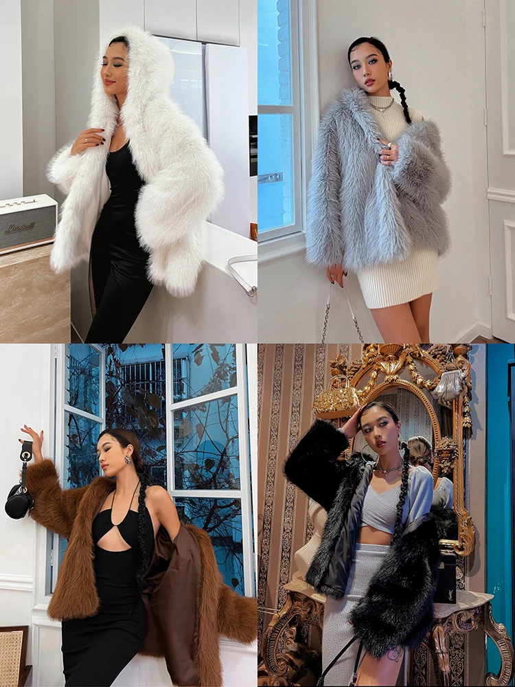 Fashionable Environmentally Friendly Fur in Instagram Style, Loose and Faux Fox Fur for Warmth, Plush Hooded Jacket for Women