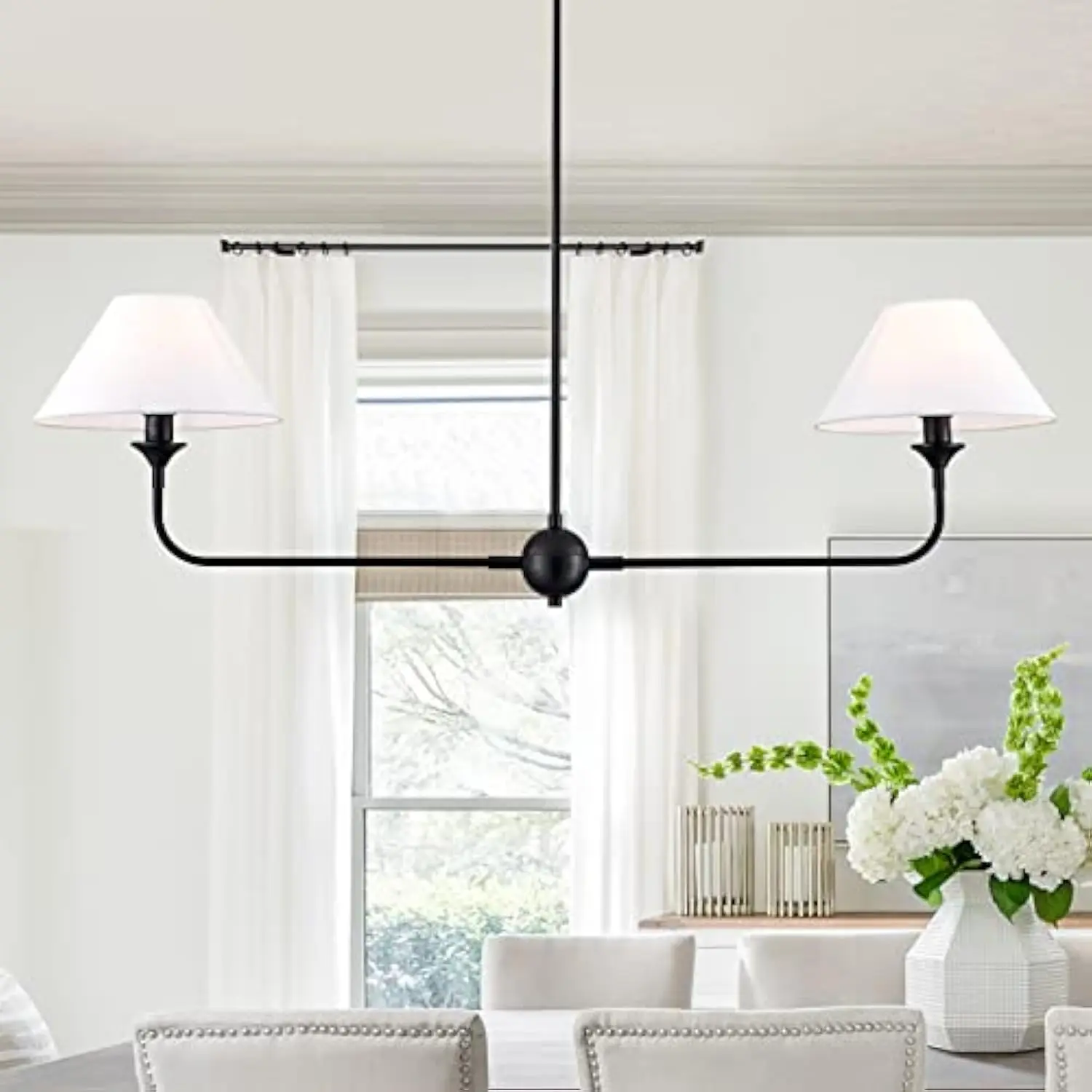 

Modern Linear Chandelier, 2-Light Linear Kitchen Island Lighting Fixture with Finish Off-White Fabric Shade, Modern Kitchen Pen