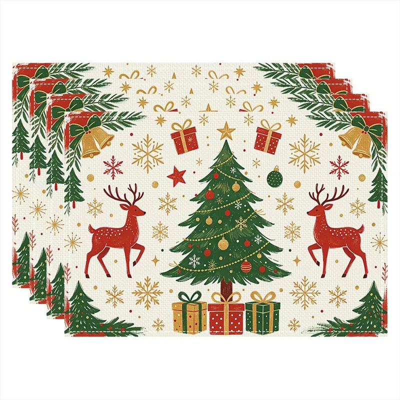 VIKAMA Linen Placemats Tree Reindeer Gold Snowflake, Cream Green Red, Stain Resistant Easy to Clean, Dining Table Decor