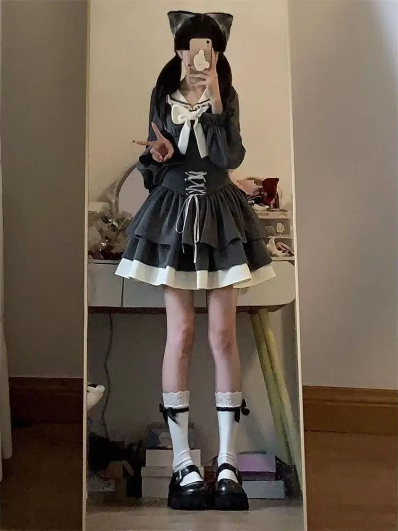 

Cute College Sle Navy Collar Top And Puffy ort Skirt Set Autumn Winter Japanese Sle Women's Faion Ensemble High Waist