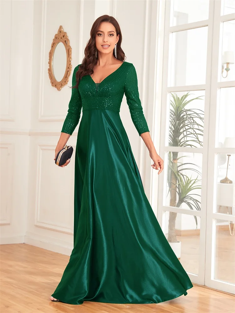 Lucyinlove-Vestido de luxo com decote em v verde lantejoulas feminino, festa de casamento elegante, vestido longo de baile, 2022