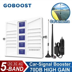 GOBOOST 5 Band Signal Booster For Car 70dB High Gain 2G+3G+4G Cellular Amplifier 700 800 1800 2100 2600 MHz Network Repeater Kit