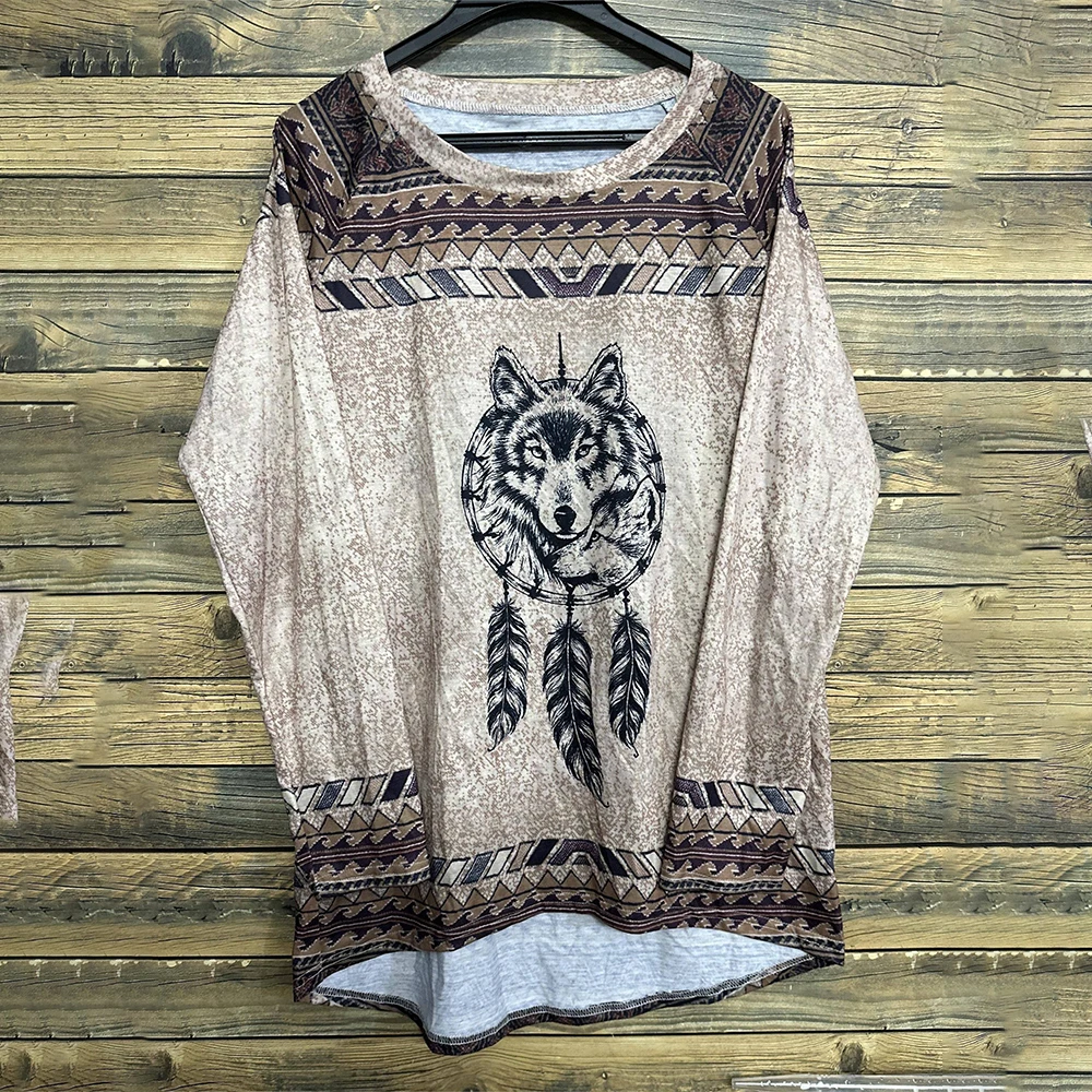 Animal Wolf Print Long Sleeves T shirt Vintage Women\'s T-shirts Tops Fall/Winter Cotton Women Clothing Casual Loose Pullover