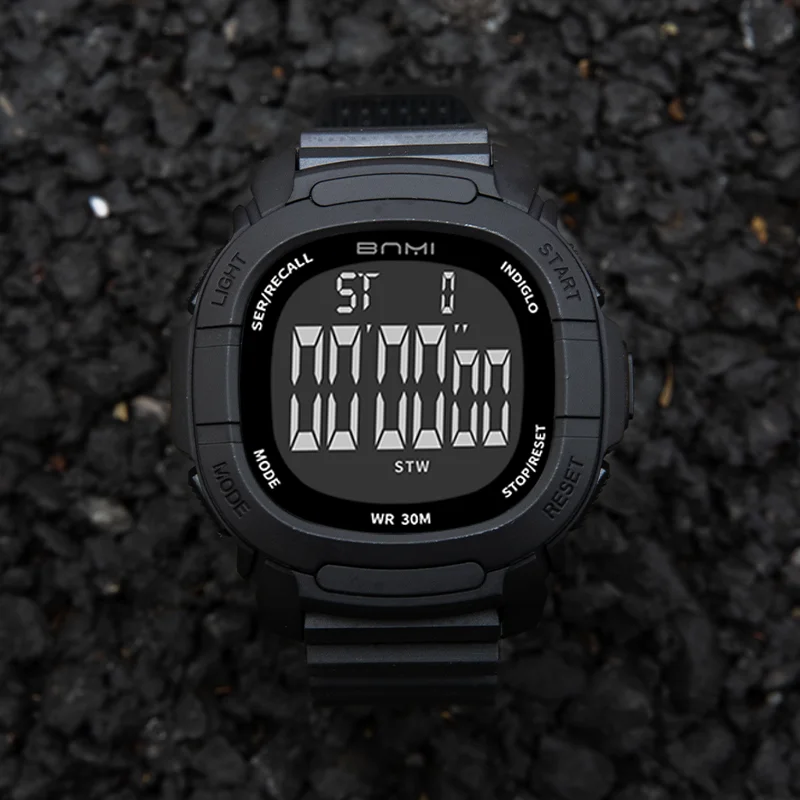 BNMI Men's Digital Sports Watch Multifunctional LED Calendar Weekly Display Luminous Timer Electronic Wristwatch Waterproof