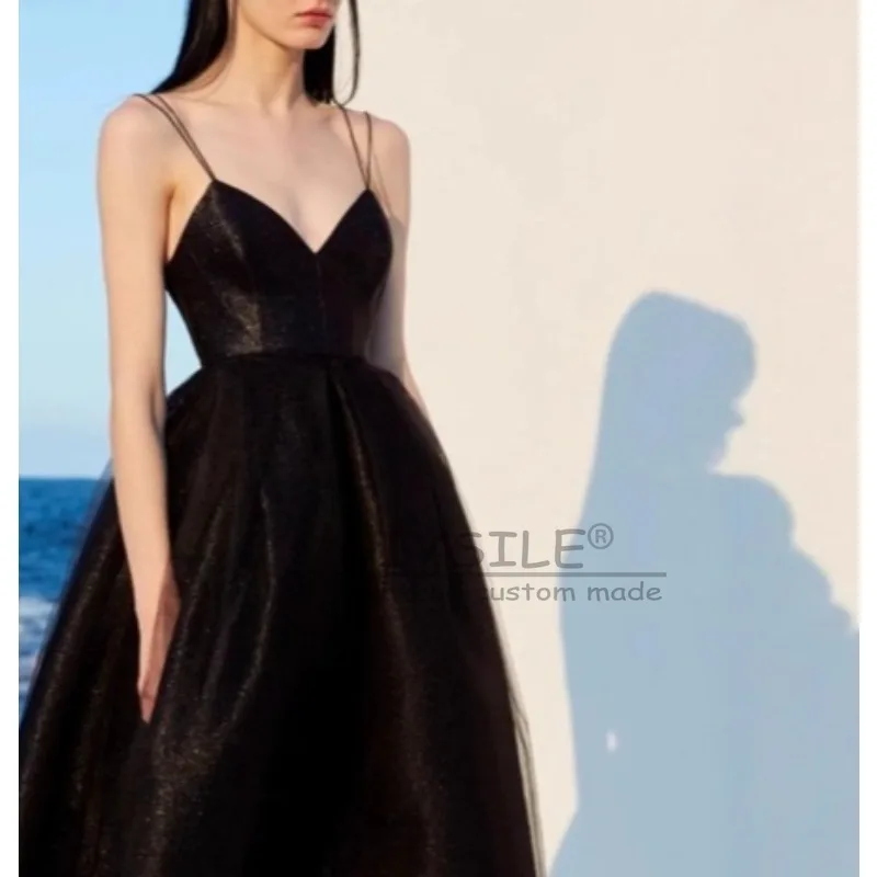 GIYSILE Customized  Black Suspender V-neck Evening Dress Fashion Female 2025 New Temperament Birthday Party Dress Zipper Back