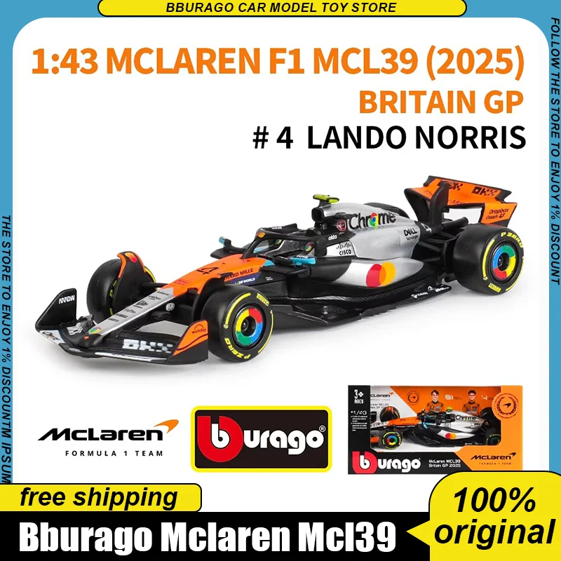 Nuevo en Stock, Bburago 1:43 McLaren F1 MCL39 2025 Gran Premio de Gran Bretaña, Miniatura de Aleación, Coche de Campeones 2025, Modelo F1, Juguetes Personalizados, Regalo para Niños