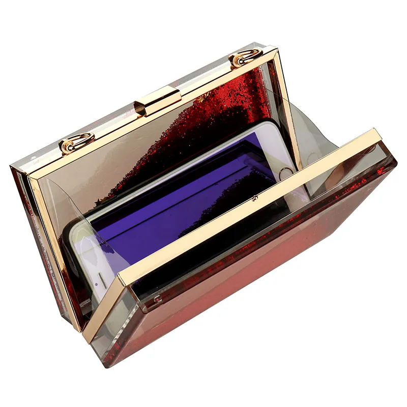 INS Red Sequined Transparent Clutch Women Pvc Box Bag Women Party Evening Purse Shoulder Bags Hard Day Clutches Bags Wedding New