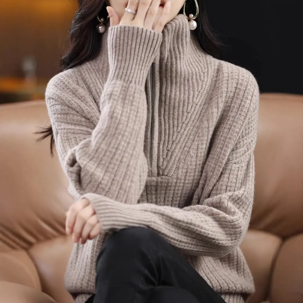 

Women's Thickened Large Lapel Sweater 100% Wool Half Zipper Slim-fit Knitted Top French Style Outer Wear for Autumn Winter