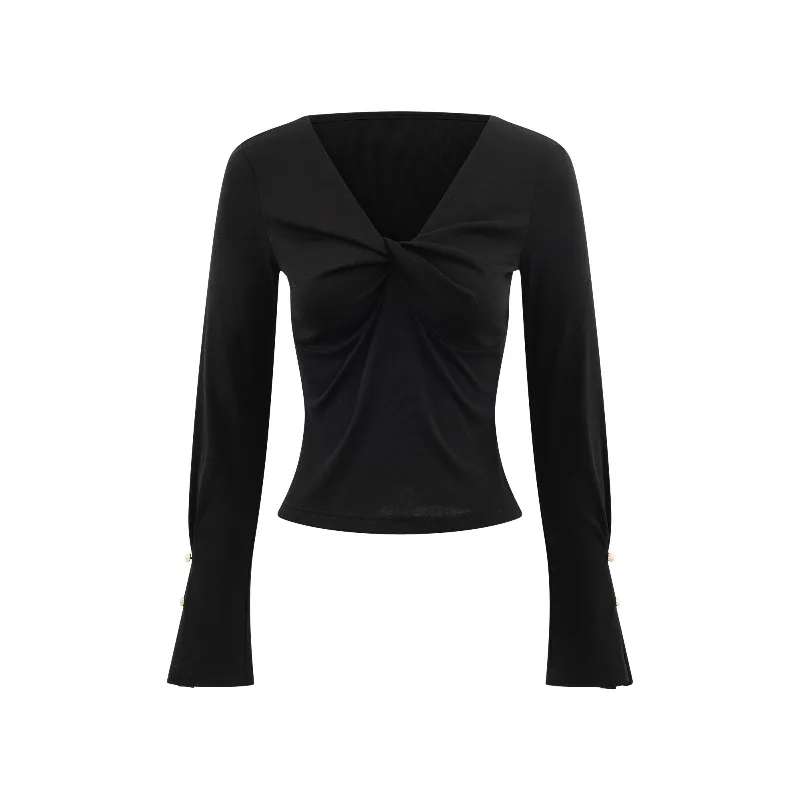 เสื้อยืดคอวีทรงสวยสำหรับผู้หญิง ทรงเข้ารูป ผ้าไลโอเซลล์ เสื้อแขนบานสไตล์ลำลอง ชิค ช่วยให้ดูผอมเพรียว เสื้อแขนยาวสำหรับสุภาพสตรี