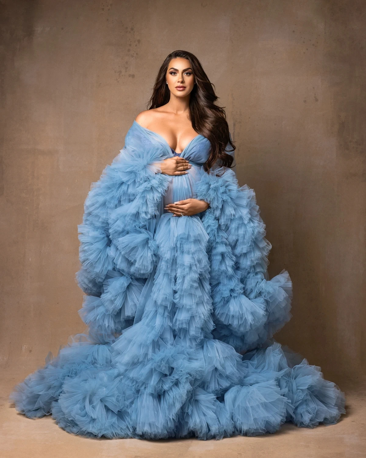 

Puffy Ruffled Tulle Maternity Dress Women Robes for Photoshoot Extra Fluffy Pregnancy Dressing Front Split Babyshower Gowns