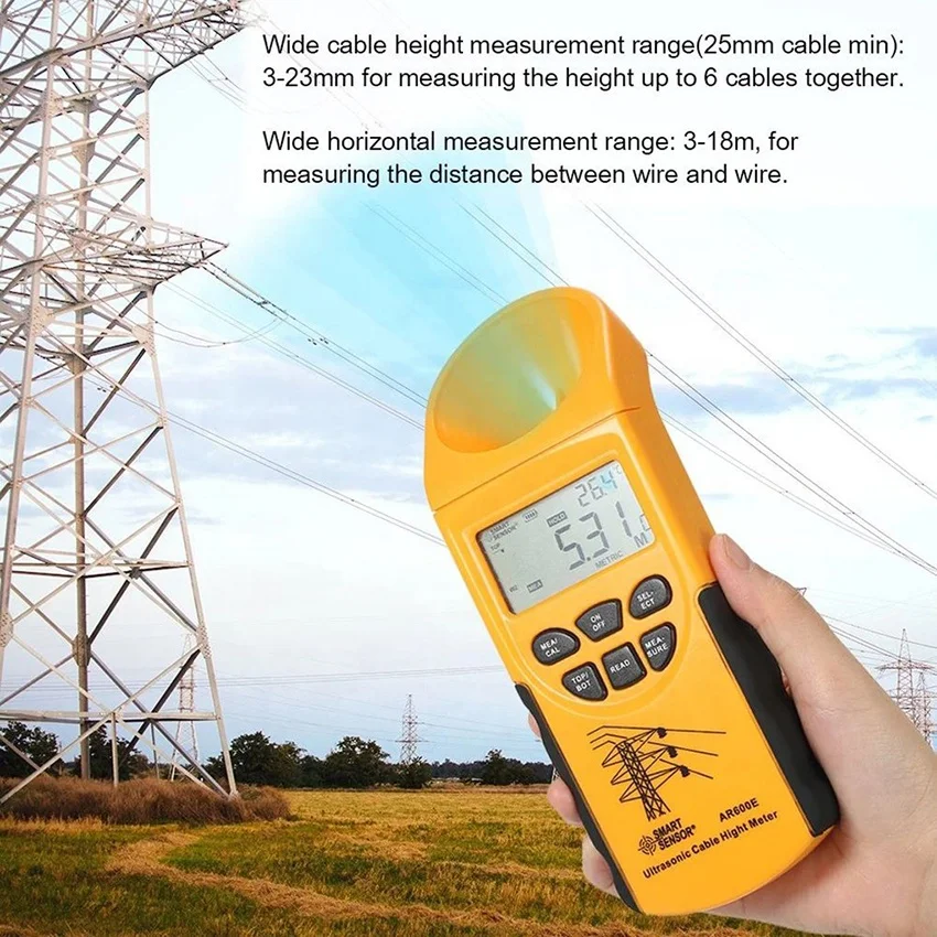 SMART SENSOR AR600E Ultrasonic Cable Height Meter LCD Display 6 Cables 3 To 23m Measurement Ultrasonic Cable Height Meter
