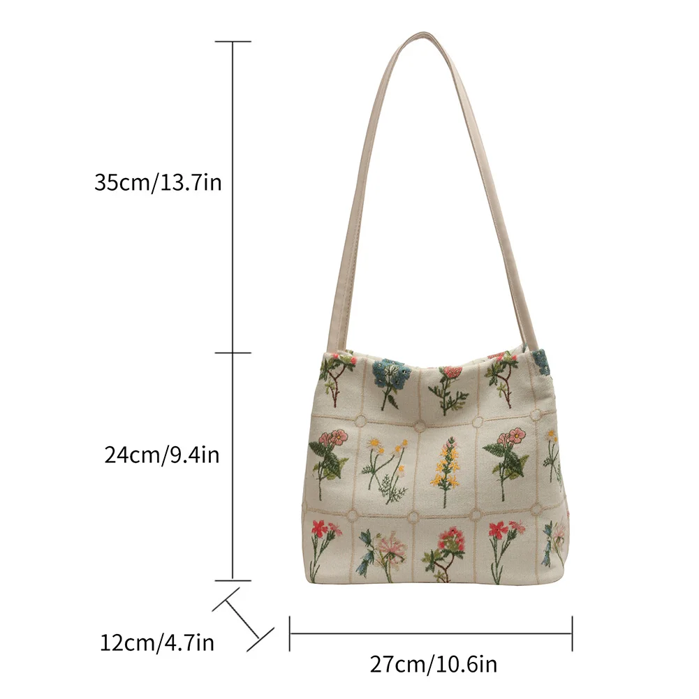 Ladies Floral Embroidered Underarm Bag Canvas Satchel Women Quality Bucket Bag Large Capacity Shoulder Bags Stylish Tote Handbag
