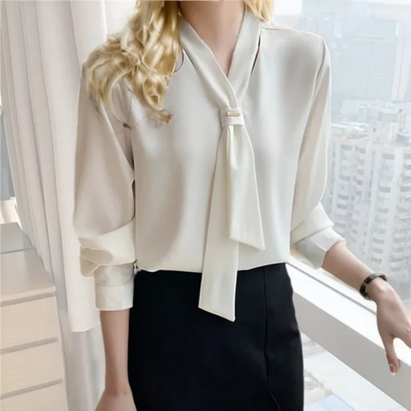 

GELITAYIN Office Lady Chiffon Blouse And Tops Fashion Women Long Sleeve White Shirts Women With Tie V Neck Loose Shirt Female Cl