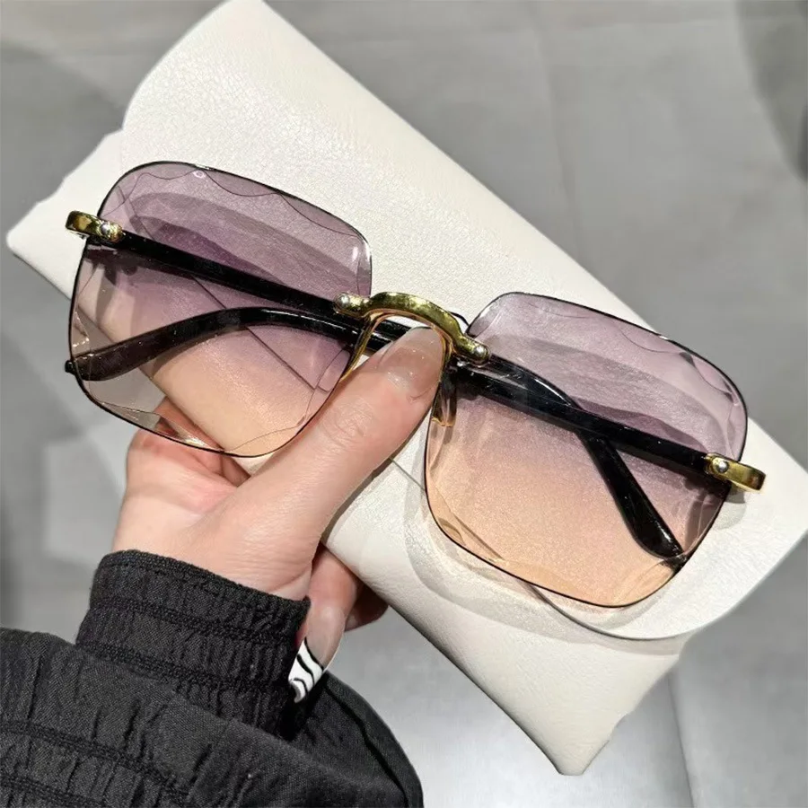 2025 новые европейские и американские безрамочные солнцезащитные очки, модные модные солнцезащитные очки, женские солнцезащитные очки для похудения с большим лицом, квадратные