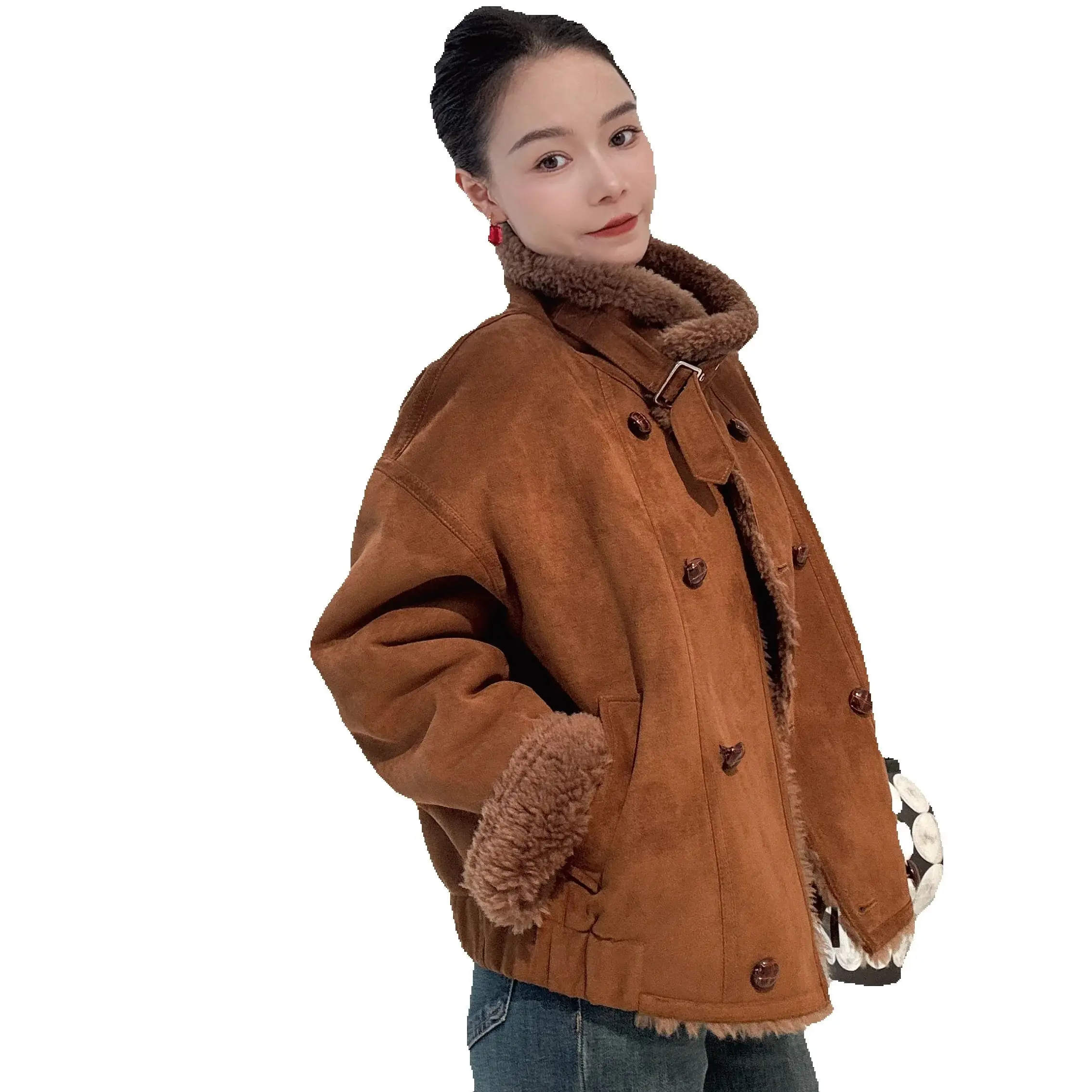 Maillard motorcycle double-breasted wool all-wool grain coat for autumn and winter women's wear