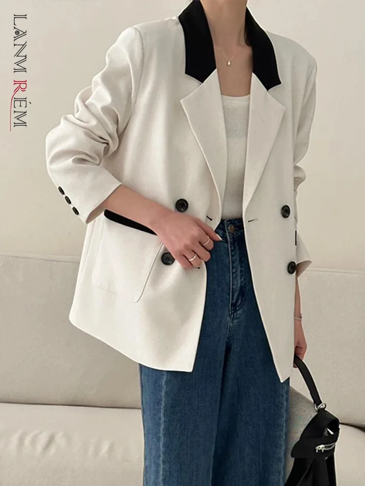 

[LANMREM] Contrast Color Spliced Blazers Women Notched Double Breasted Loose Female Jackets Office Lady 2024 Autumn New 26C112