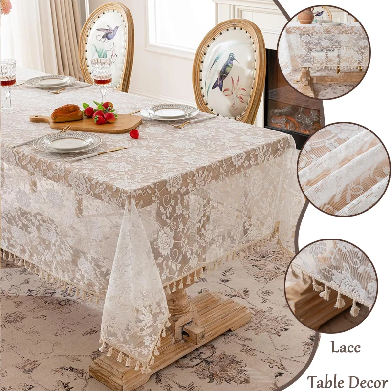 

1PC Vintage Light Luxury Foldable Rose Willow Pattern Tassel Trim Lace Rectangle Tablecloth for Home Wedding Party Banquet Decor