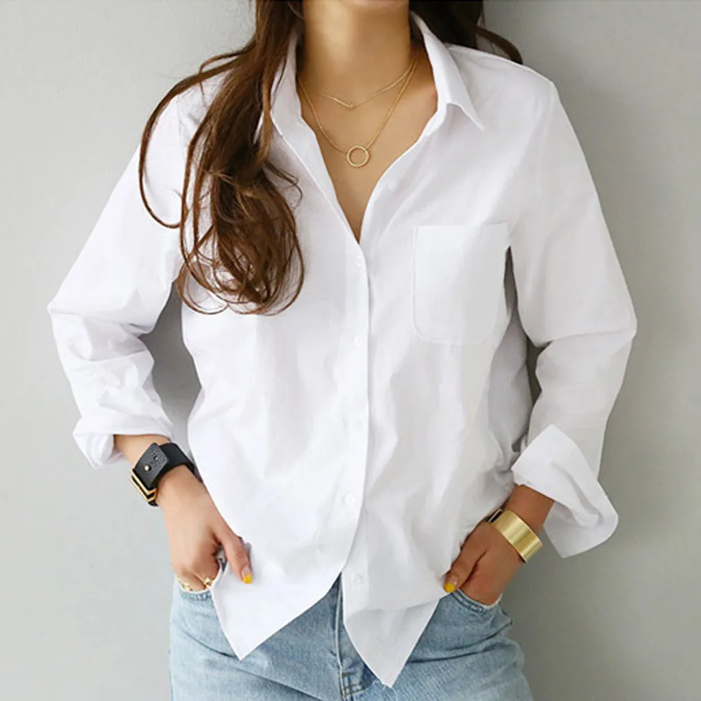 Women Fashion Button Shirts and Blouses 2024 Summer Feminine Top Long Sleeve Casual White Turn-down Collar OL Style Office Top