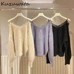 Kuzuwata Slash Neck Batwing Sleeve Sweet Sling Sweaters Lace Solid Elegant Hollow Out Jumper Japan Knit Casual Fresh Pullovers