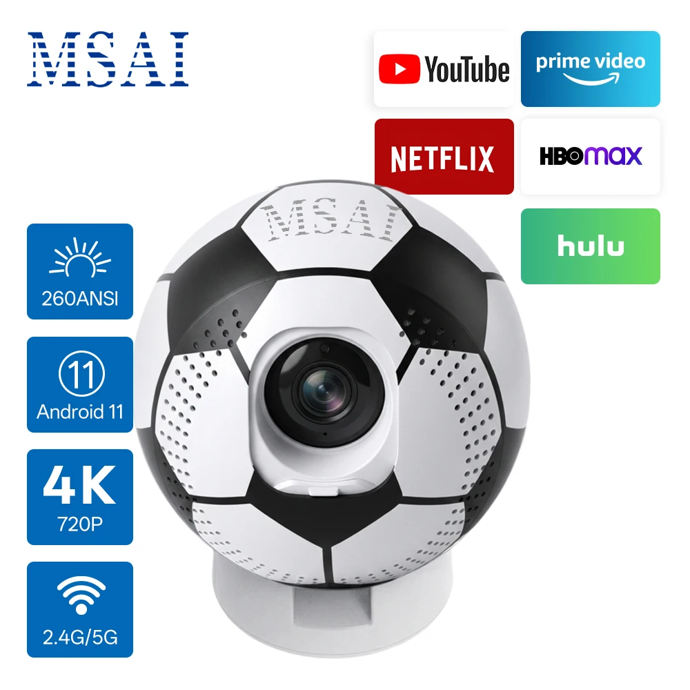 New 260 ANSI Soccer Ball Projector Native 720P HD Android 11 with WiFi6 Supports 4K Decoding 4-Point Keystone Correction