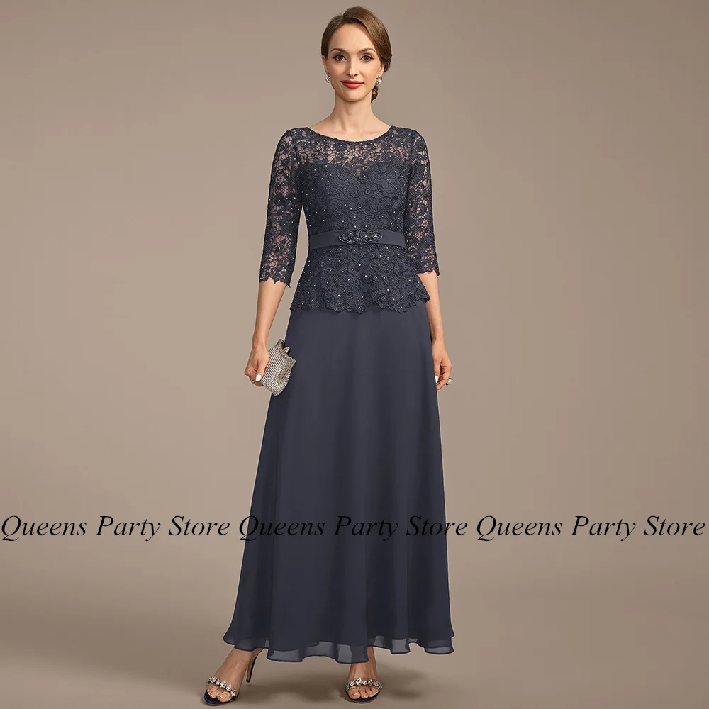 

2024 Mother of The Bride Dress 3/4 Sleeves Scoop Neck Stones Lace Chiffon A Line Wedding Guest Gown Ankle Length Party Dresses