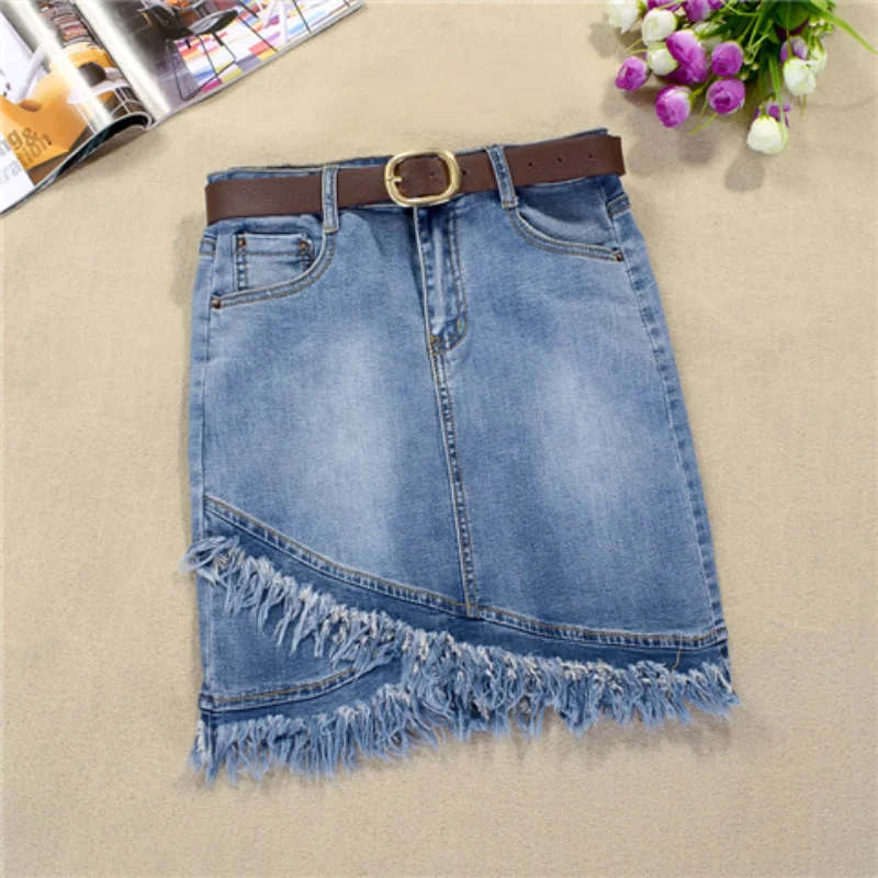 

Stretch denim short skirt women's 2023 denim skirt high waist slim slim appearance thin irregular tassel hip skirt versatile