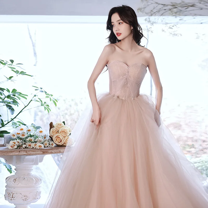 

Pink Tulle Evening Dress Elegant Beading Sweetheart Collar Backless Prom Dresses New Lace Up Birthday Party Dresses