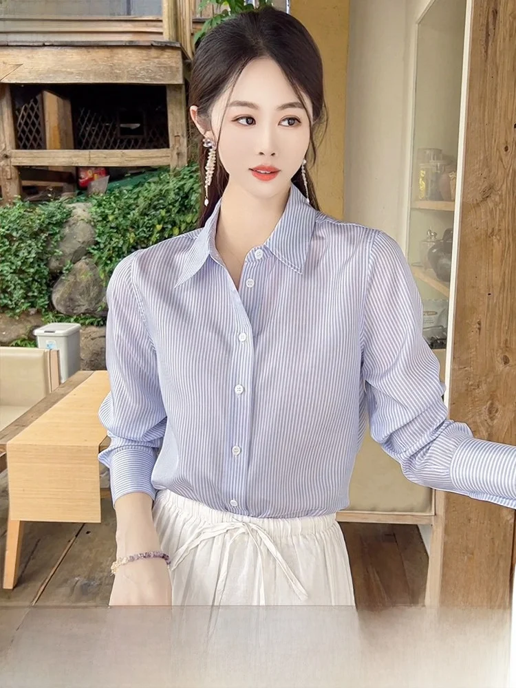 

Повседневная женская шелковая блузка в сине-белую полоску для ранней весны, элегантная, модная, для офиса, премиум-класса