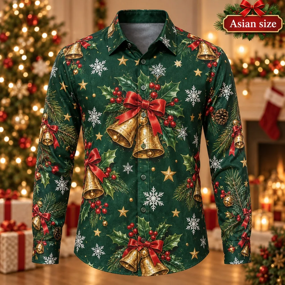 2026 Christmas Bells and Holly Long Sleeve Button Down Shirt for Men 3D Print Polyester Holiday Party Festive Xmas Top Shirts