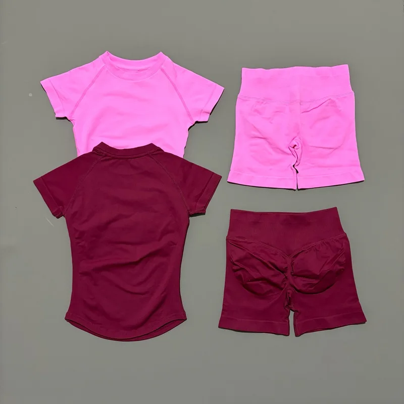 2Pcs Women Fitness Set Short Sleeve Low Ribbed Waist Shorts Ruched Butt Lifting Quick Dry Breathable Stretch Gym Workout Set