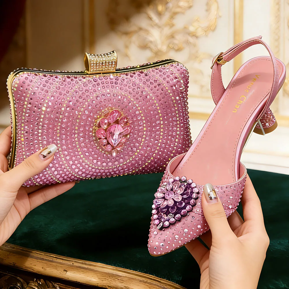 

Итальянский люксовый комплект 2026 года: туфли на высоком каблуке с острым носком цвета таро и сумка, украшенные стразами, для женщин - идеально для вечеринок