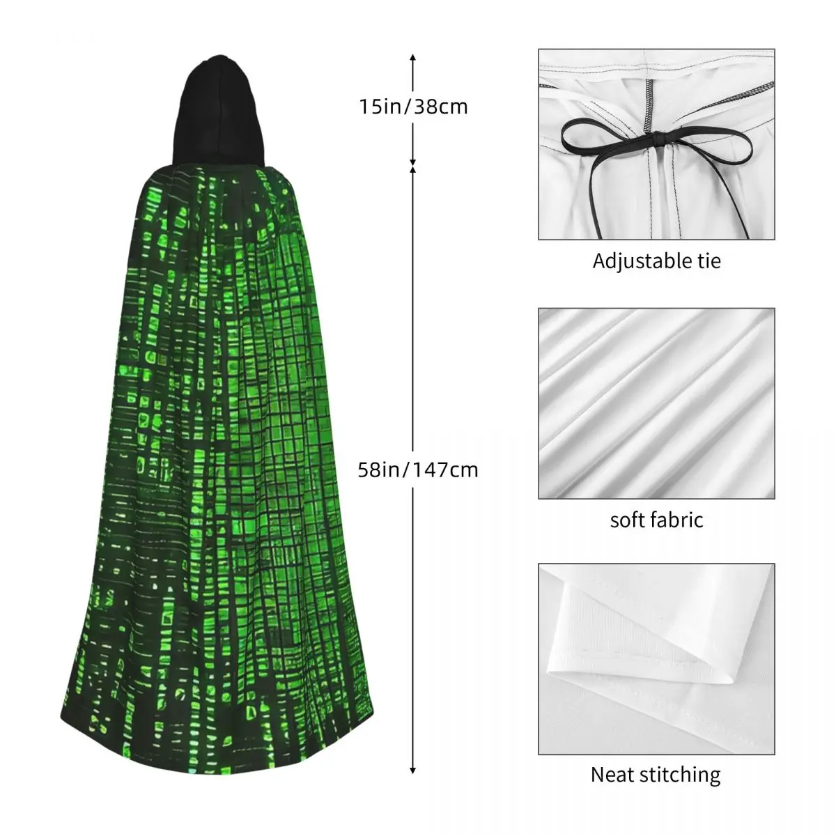 

Dynamic Matrix Binary Code Long Hooded Cloak Witch Medieval Costume Cosplay Cape HalloweenParty Adult Unisex