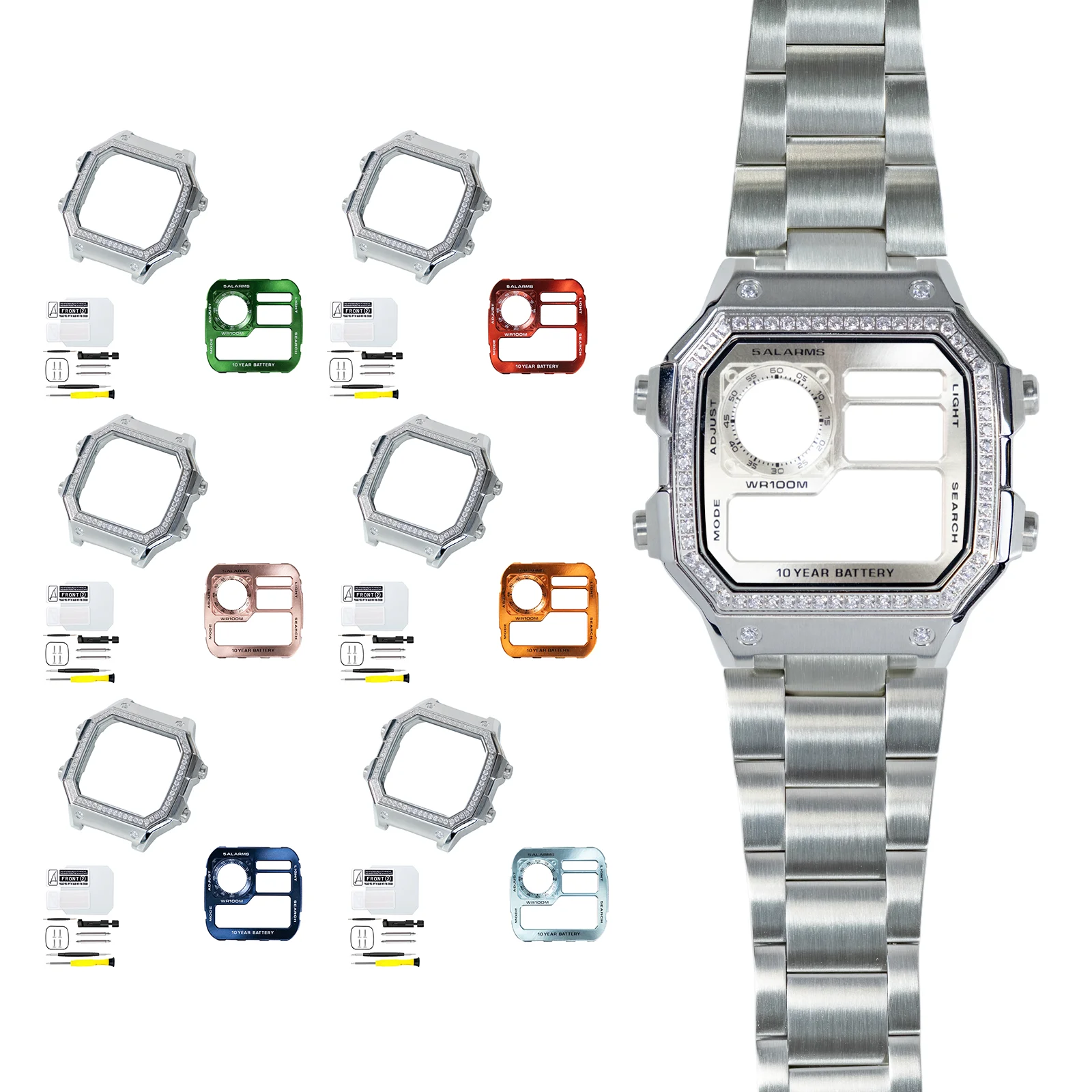 316l-ss-diamond-silver-watch-case-faceplate-mod-accessories-compatible-with-casio-ae1200-royale-modified-watch-dial-case-set