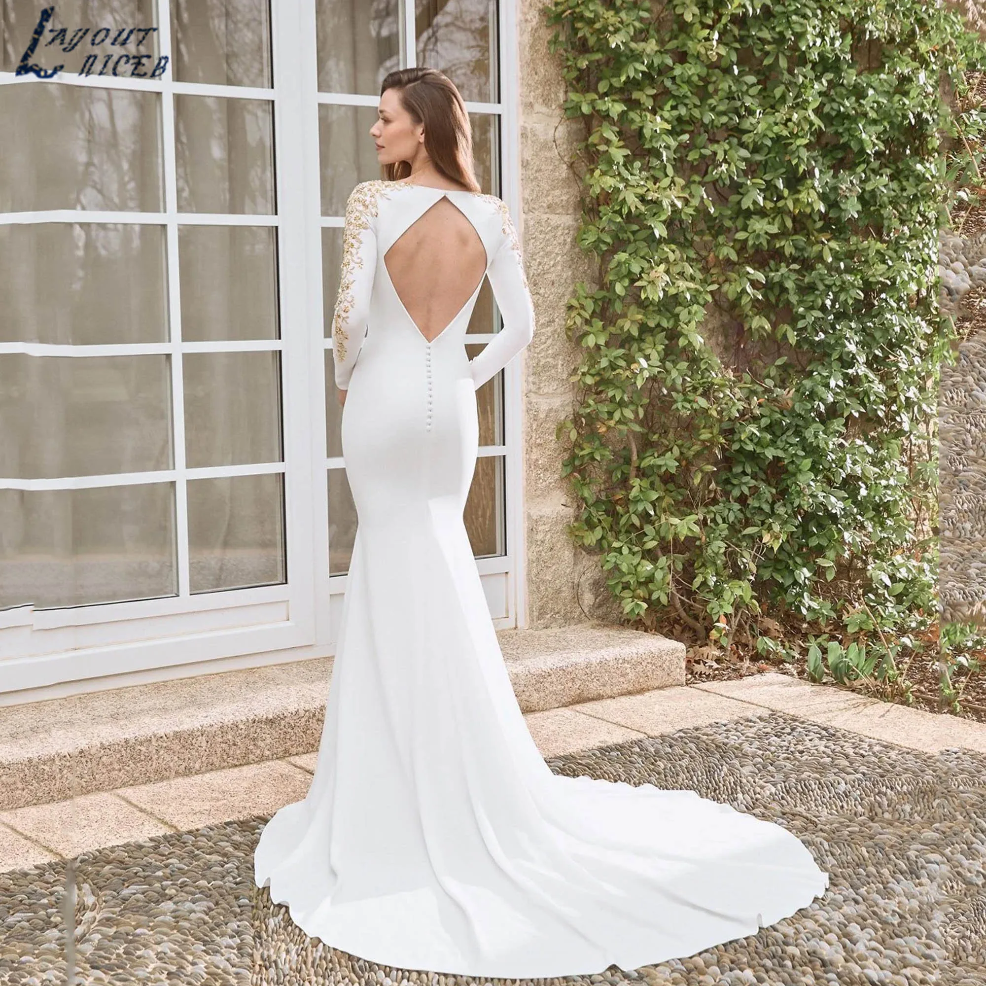 Deep V-neck Mermaid Fit Wedding Dress Women Satin Long Sleeves Backless Bridal Gown Modern Appliques vestidos de novia Customize