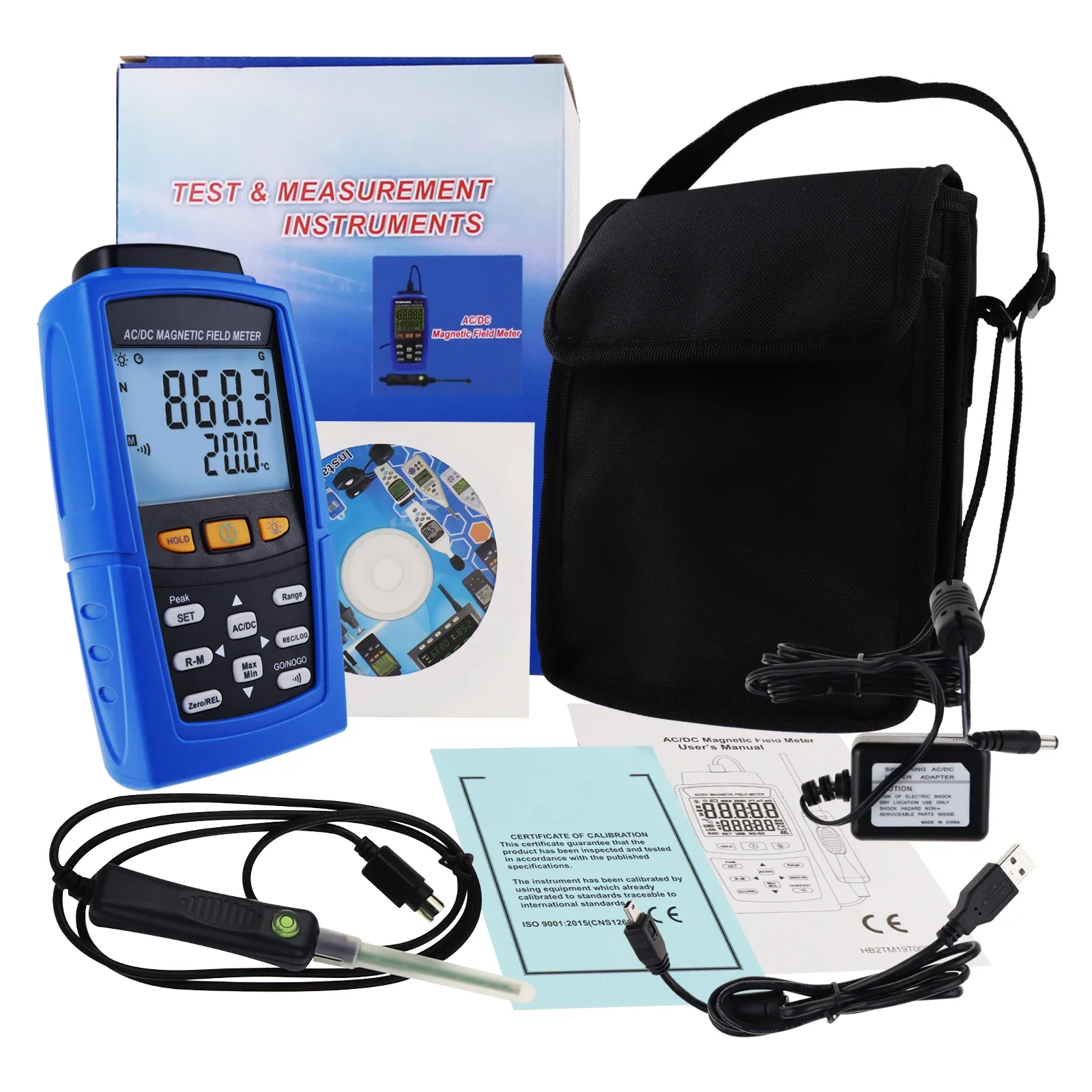 Digital Magnetic Field Gaussmeter 3000mT(30000 Gauss) AC DC Magnetic Field Strength N/S Polarity Automatic Manual Data Recording