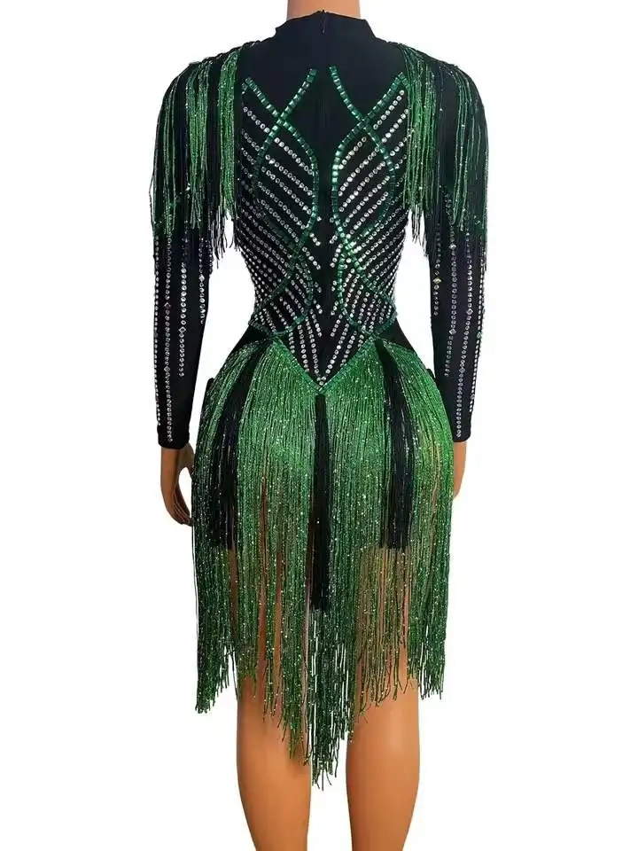 Traje de club nocturno, ropa de escenario, leotardo con borlas y diamantes de imitación brillantes, traje de baile Sexy con flecos negros y verdes