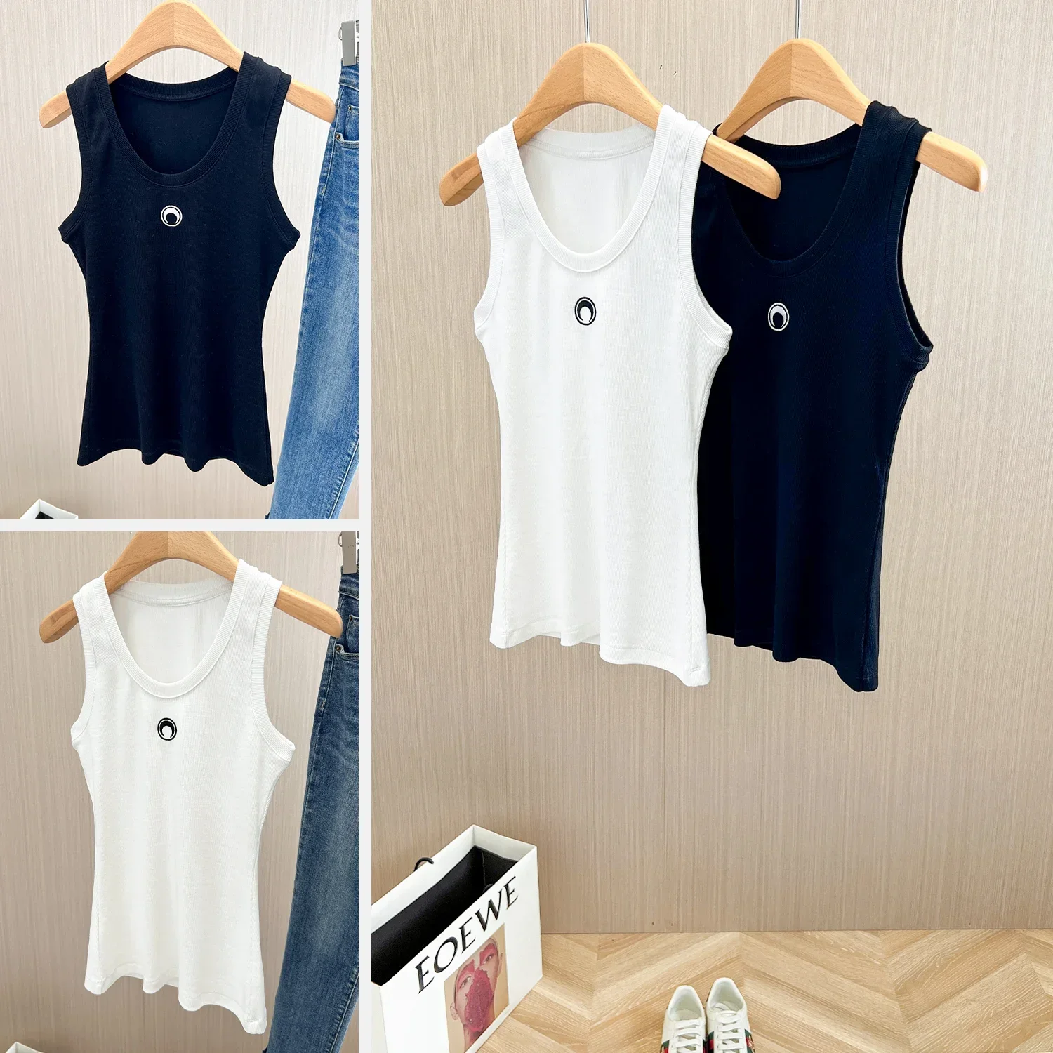 Moon Embroidery Tank Tops Women's Sexy Sleeveless Ribbed Vest Song Jia Star The Same Slim T-shirt Summer New Style